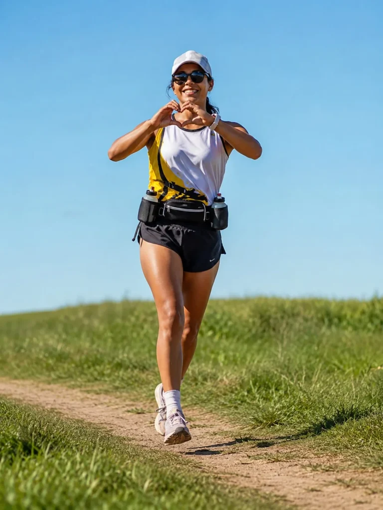 women trail running outfit featuring hydration belt and running gear
