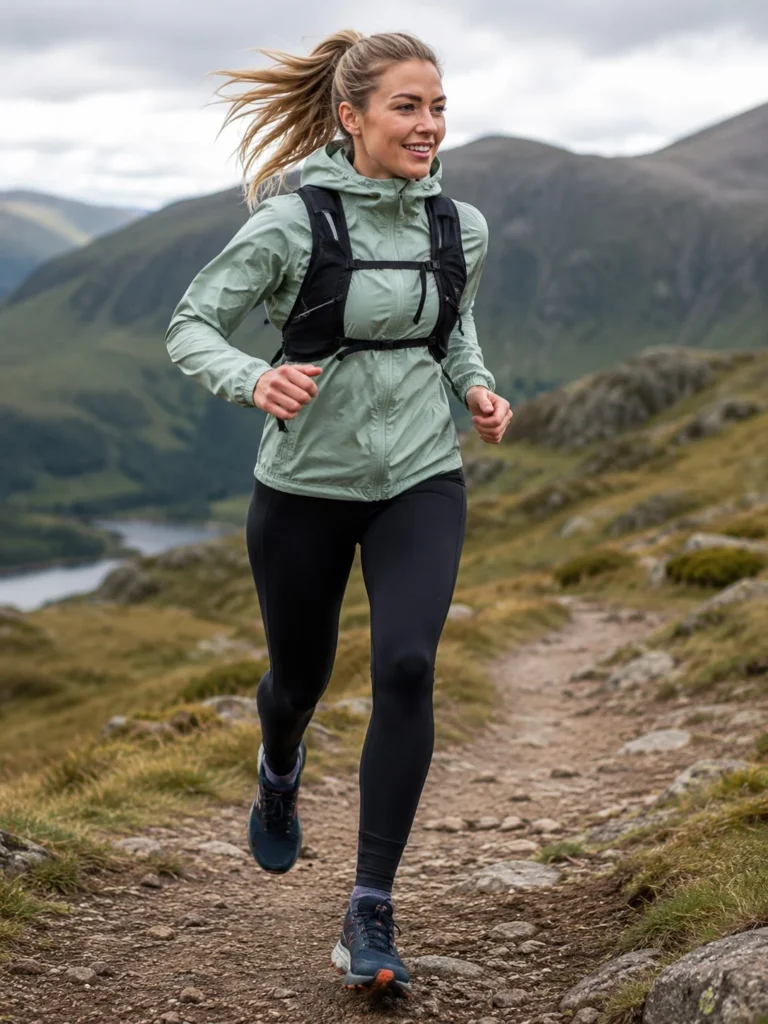 women trail running outfit with windbreaker jacket and athletic tights