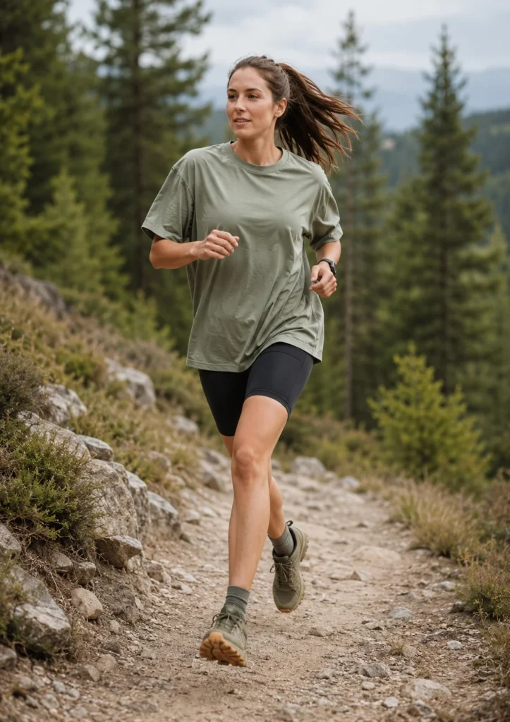women trail running outfit with oversized athletic shirt and biker shorts