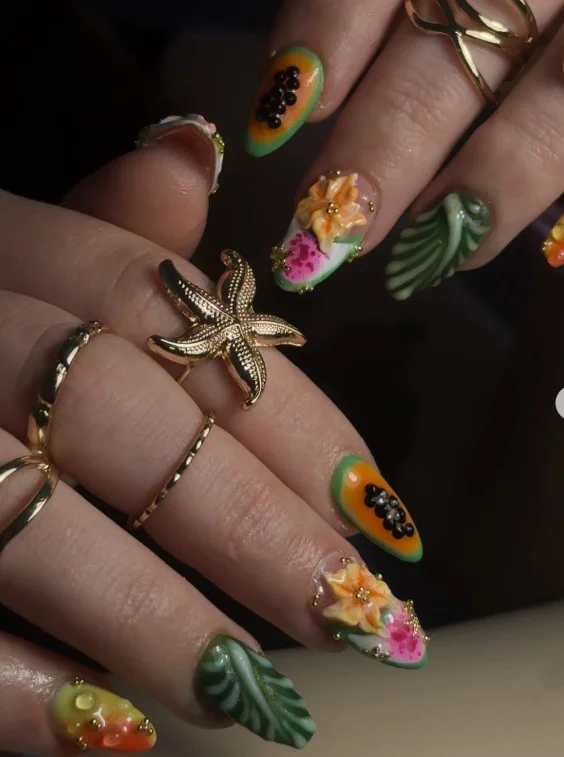 Tropical palm leaf summer 3D nail designs with raised green leaves on nude nails.
