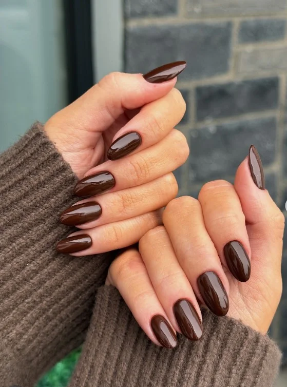 Glossy walnut brown almond nails with smooth elegant finish.