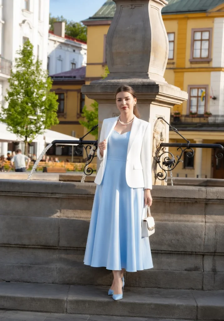 Baby blue dress outfit featuring matching baby blue heels and a white blazer.