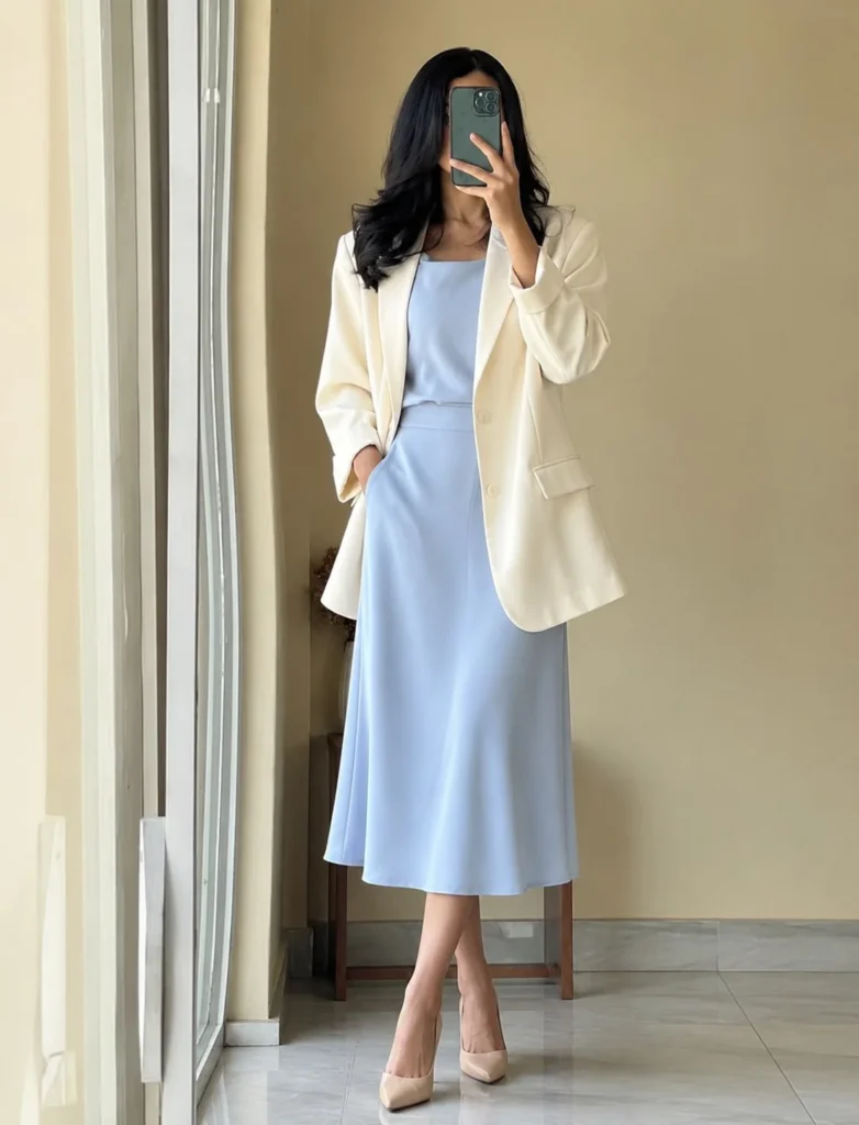 Baby blue dress outfit featuring an oversized cream blazer and nude heels.