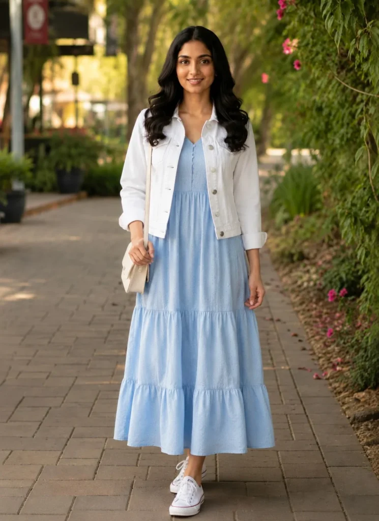 Baby blue dress outfit with a white denim jacket and canvas sneakers for weekends.