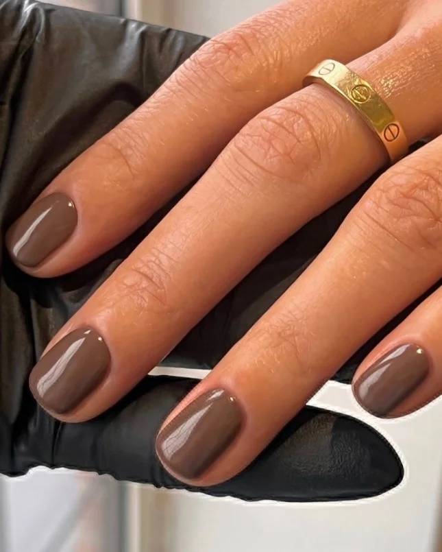 Chocolate brown nails creating an elegant manicure for tan skin