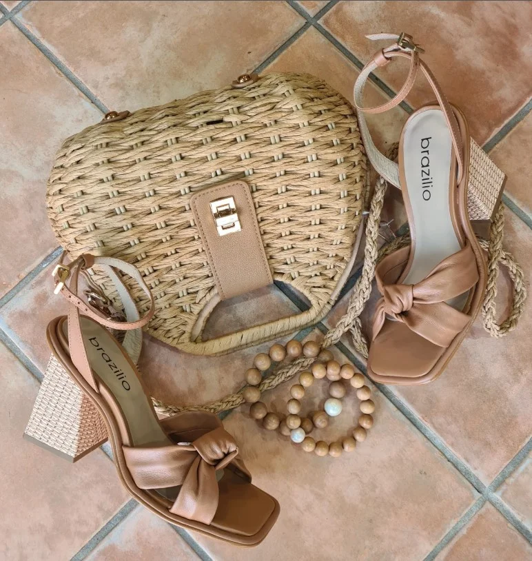 Casual pink linen dress paired with brown and tan leather heels for an effortless everyday look.