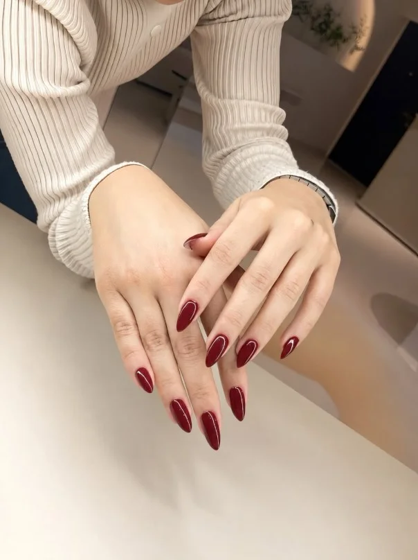 Cherry red nails creating a classic contrast with a navy blue dress.