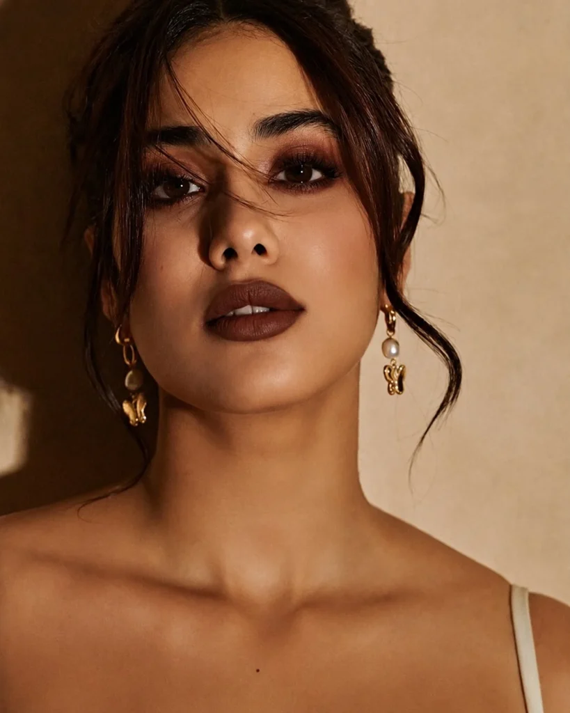 Chocolate brown lipstick that gives olive skin a rich and sophisticated makeup finish.