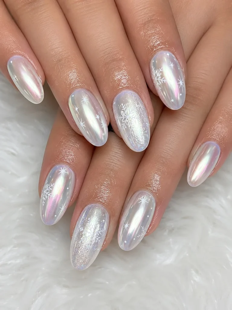 Cute Christmas nail designs with frosted silver chrome polish for a modern winter manicure.