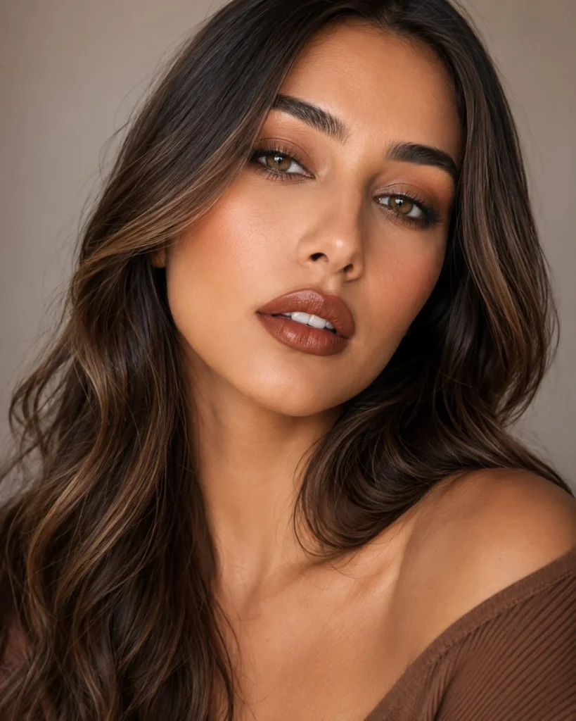 Cinnamon brown lipstick creating a cozy autumn-inspired makeup look for olive skin.