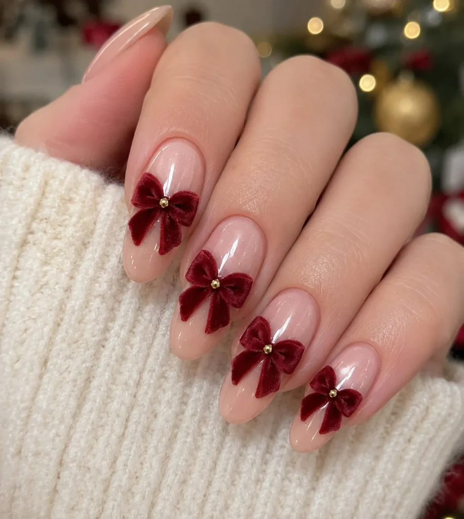 Cute Christmas nail designs featuring delicate velvet bows on soft blush holiday nails.