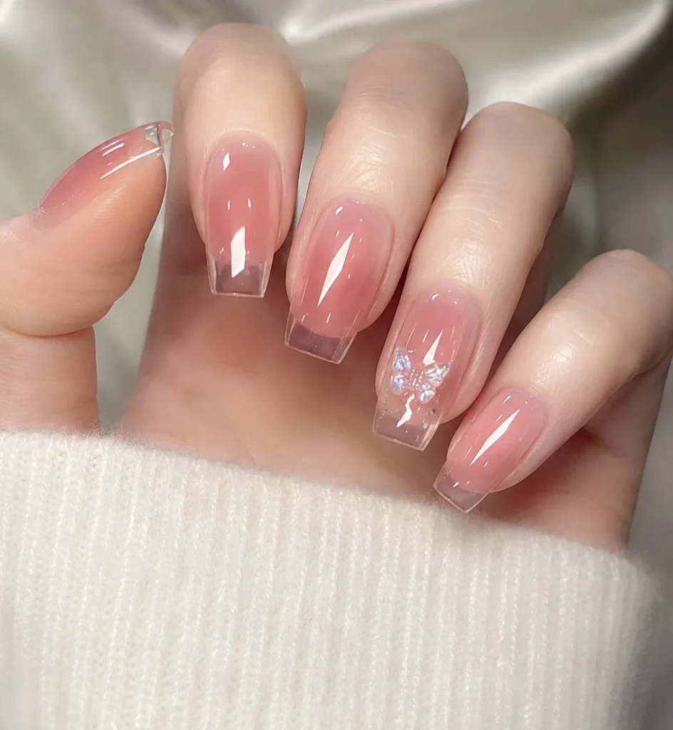 Long jelly nails with a translucent crystal gloss finish creating a fresh glass-like appearance.
