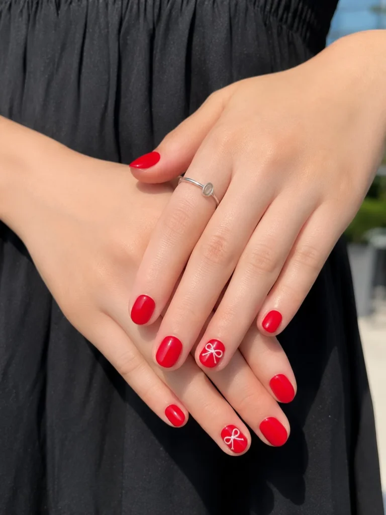 Cute short red nail designs decorated with tiny bow accents for a soft feminine manicure.