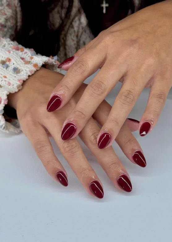 Dark burgundy fall nail designs featuring rich wine tones with a glossy professional finish.
