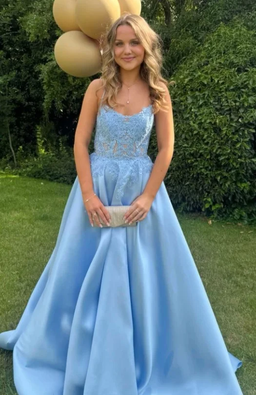 Dusty blue floral appliqué prom dress with soft romantic details