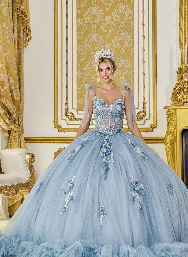 Dusty blue glitter tulle ball gown with a full princess-inspired skirt
