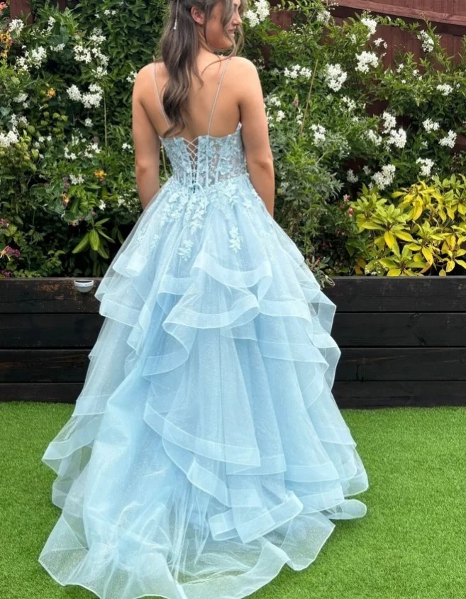 Dusty blue lace-up back prom dress with a flattering fitted silhouette