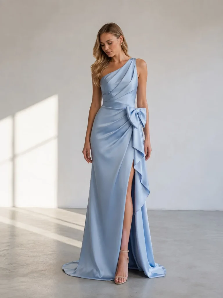 Dusty blue one-shoulder gown featuring a feminine satin side bow