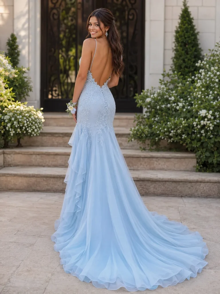 Dusty blue open-back prom dress with a soft train and elegant silhouette