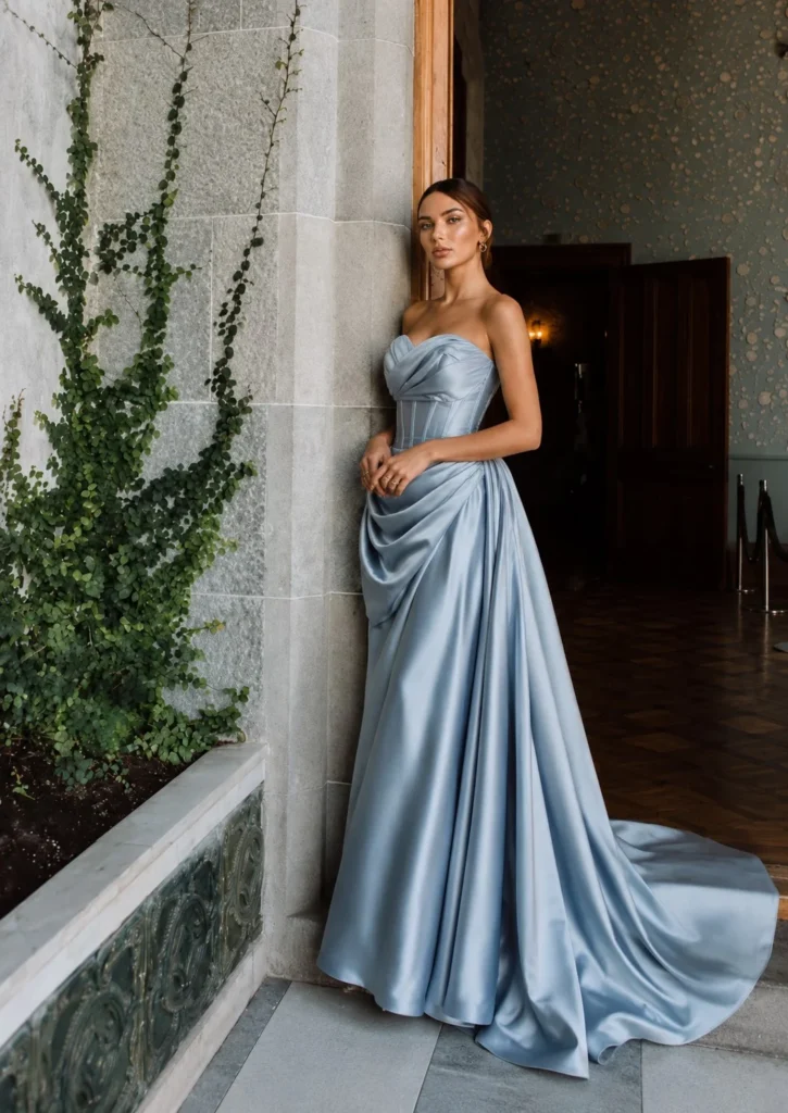 Dusty blue satin prom gown with a draped corset bodice and silver heels
