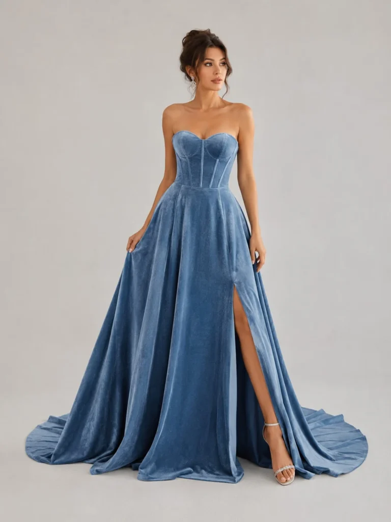 Dusty blue velvet prom dress styled for a luxurious winter prom look