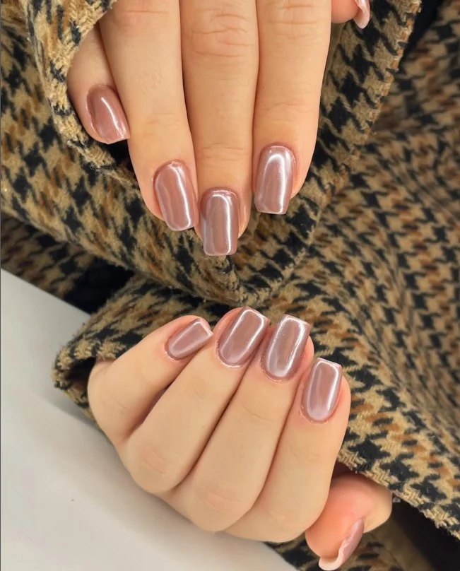 Glazed donut square nail designs featuring a reflective pearl finish with mirror-like shine.
