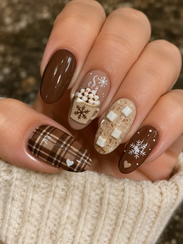 Cute Christmas nail designs inspired by hot cocoa with marshmallow nail art and rich chocolate polish.