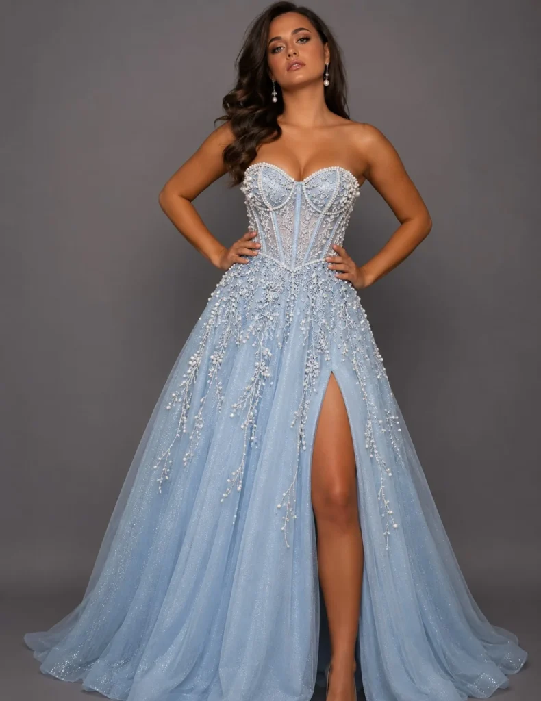 Ice blue corset prom dress featuring delicate pearl embroidery