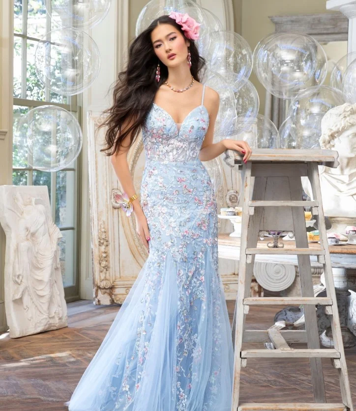 Ice blue floral lace prom gown with elegant illusion details