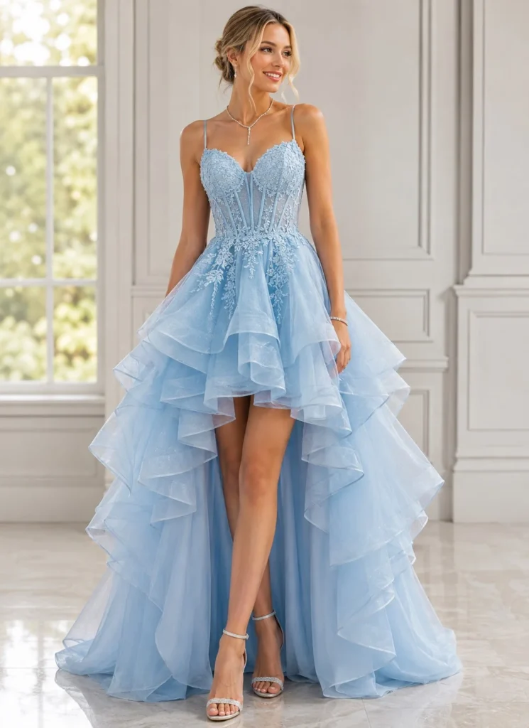 Ice blue high-low prom dress with layered ruffle skirt