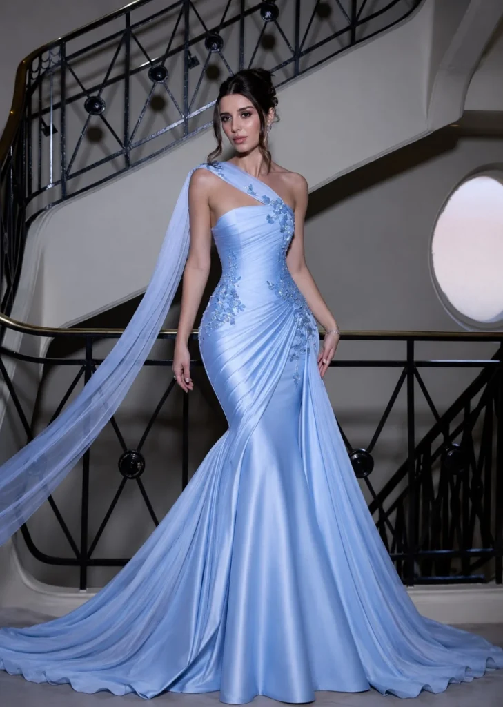 Ice blue mermaid prom dress with a softly draped skirt