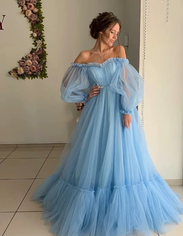 Ice blue off-the-shoulder prom gown with sheer puff sleeves