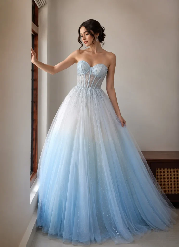 Ice blue ombre tulle ball gown with layered princess skirt
