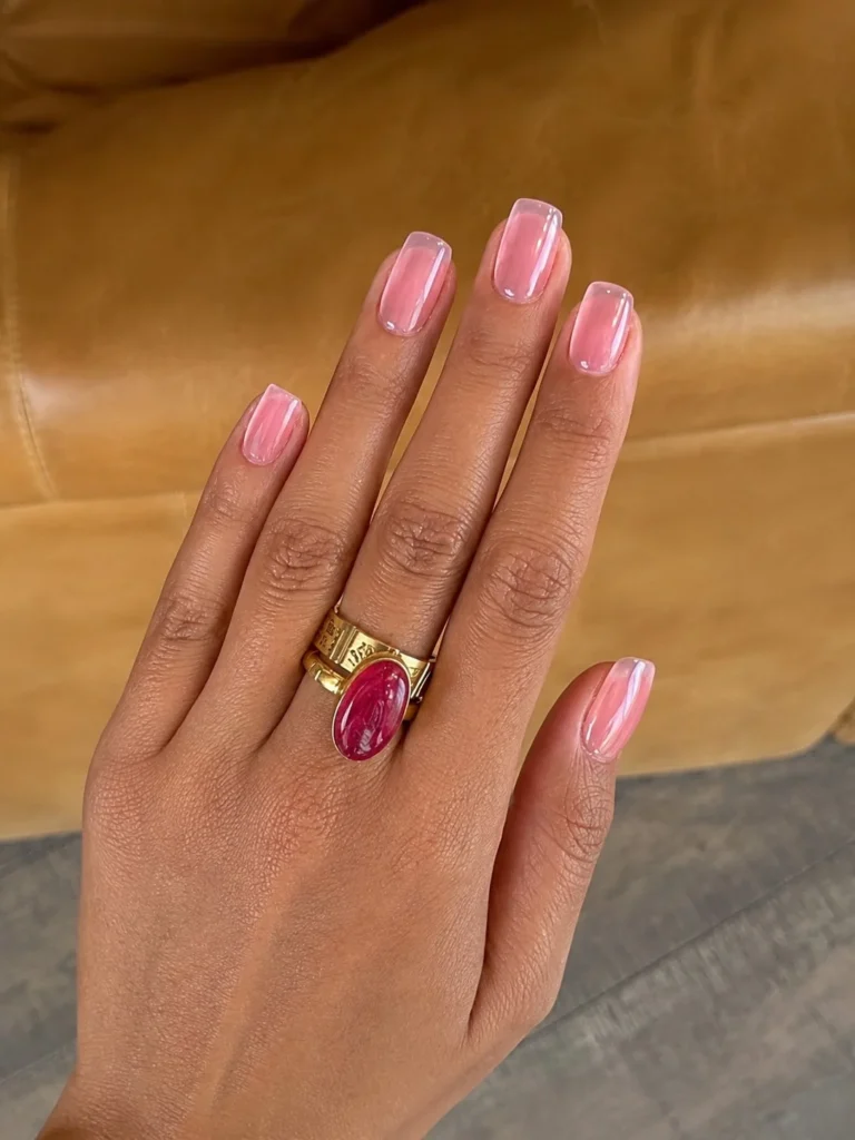 Jelly square nail designs with a translucent crystal glass finish and glossy appearance.