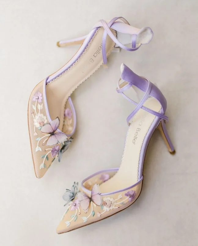 Light pink dress paired with lavender heels for a feminine pastel color combination.