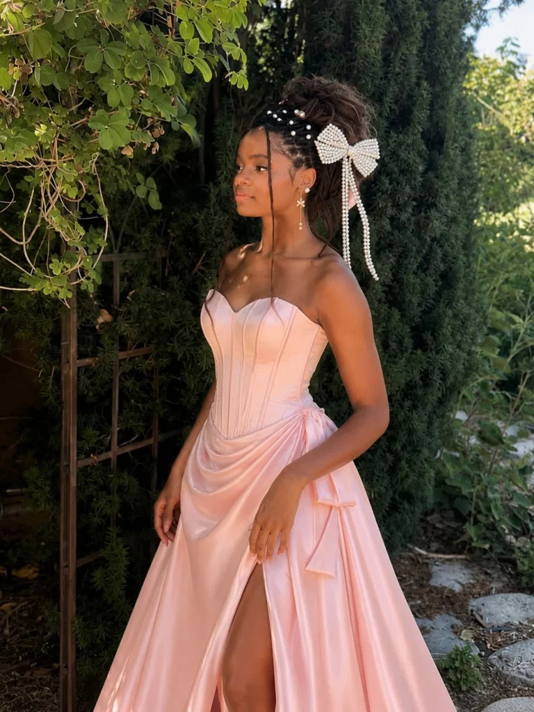 Light pink corset prom dress outfit styled with a pearl hair bow