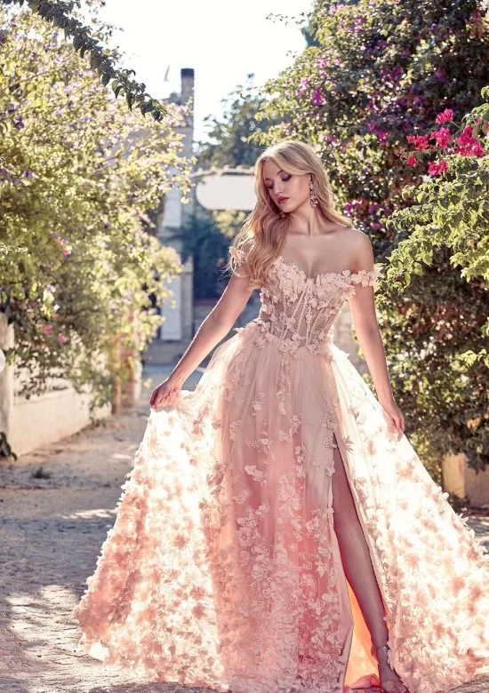 Light pink floral lace prom dress outfit with nude strappy heels