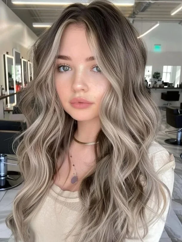 Mushroom blonde hair with muted cool tones complementing pale skin.
