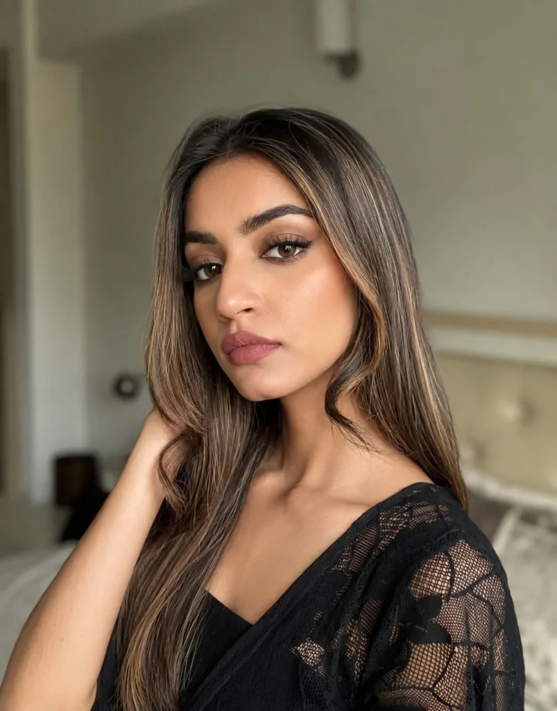 Muted rosewood lipstick that gives olive skin a soft natural everyday finish.