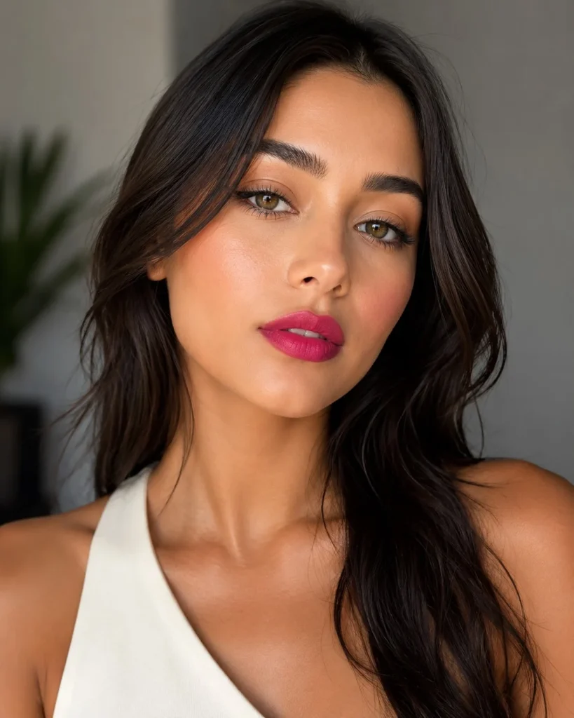 Fresh raspberry pink lipstick that brightens olive skin and adds a vibrant youthful finish.