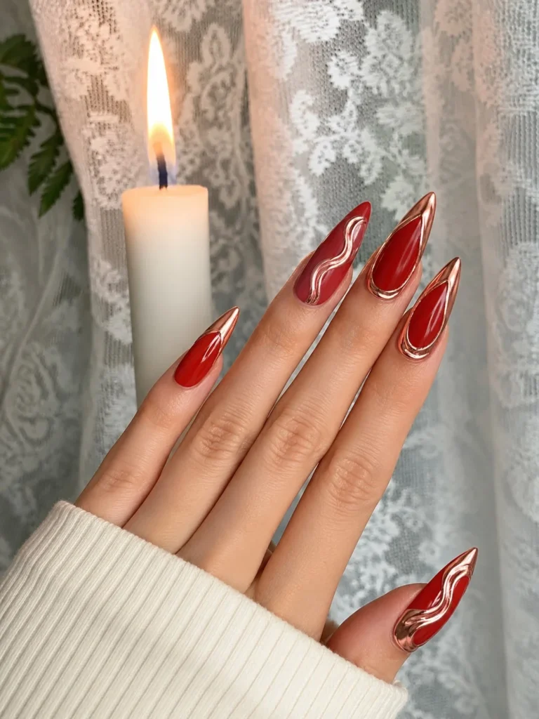 Red stiletto nail designs featuring delicate rose gold chrome details for a glamorous finish.