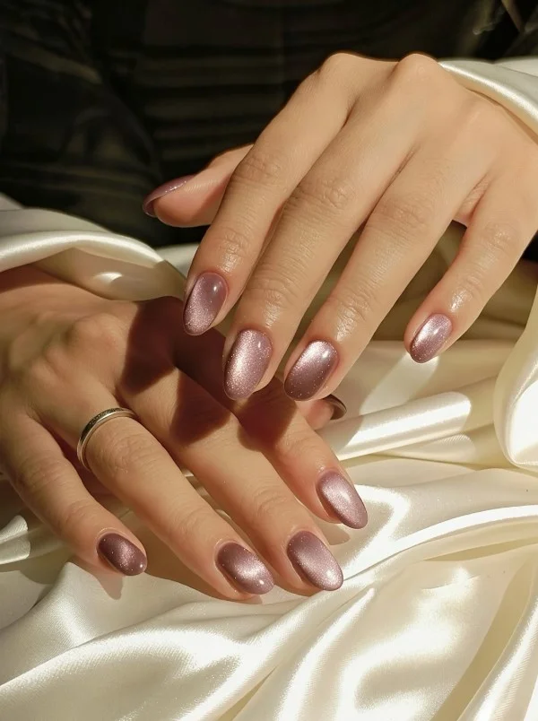 Rose gold nails completing an elegant green evening dress.