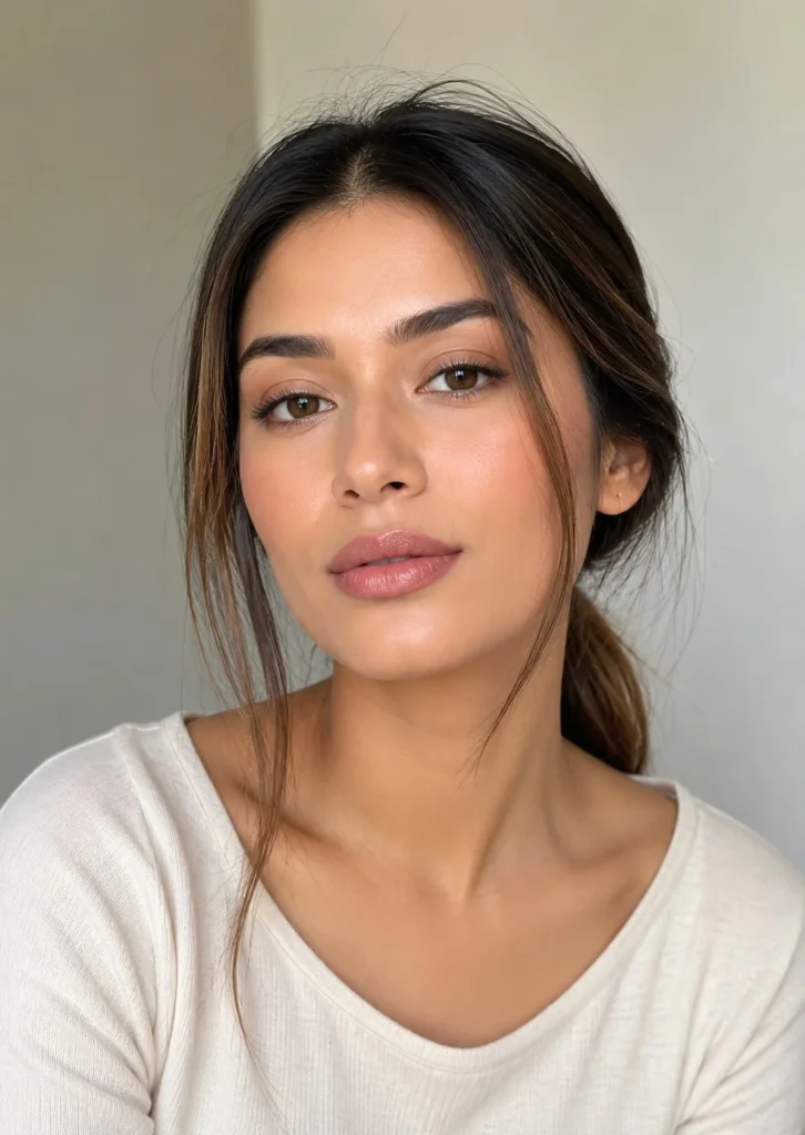 Rosy beige lipstick creating a soft natural lip look for olive skin tones.