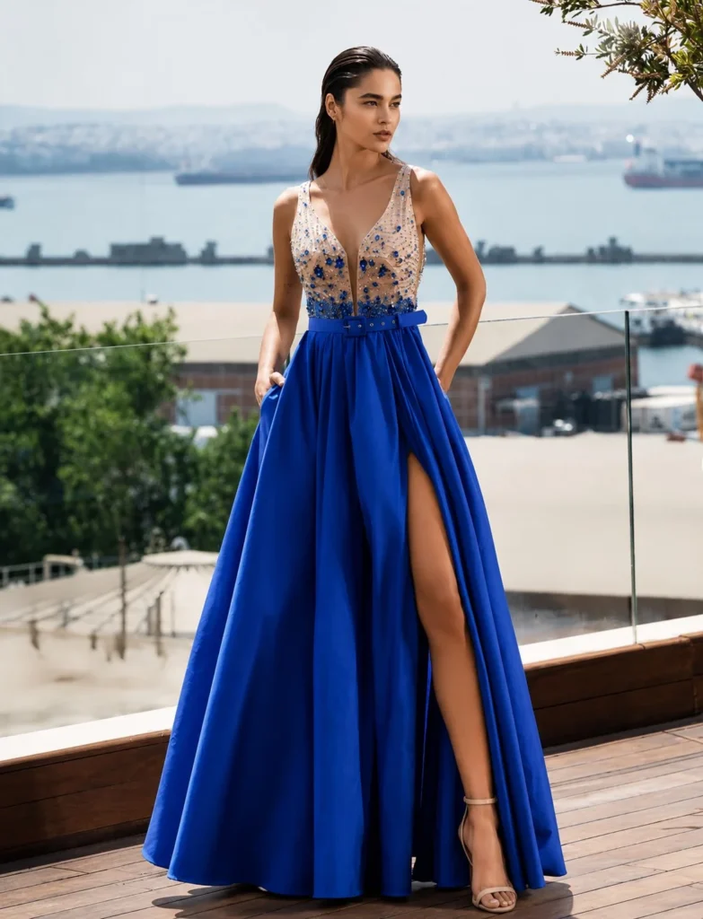 Royal blue A-line prom dress outfit with nude heels