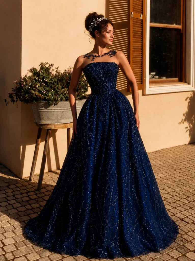 Royal blue ball gown prom outfit with a sparkling hair vine