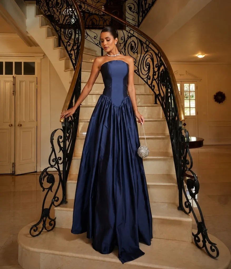 Royal blue corset prom dress outfit styled with pearl jewelry