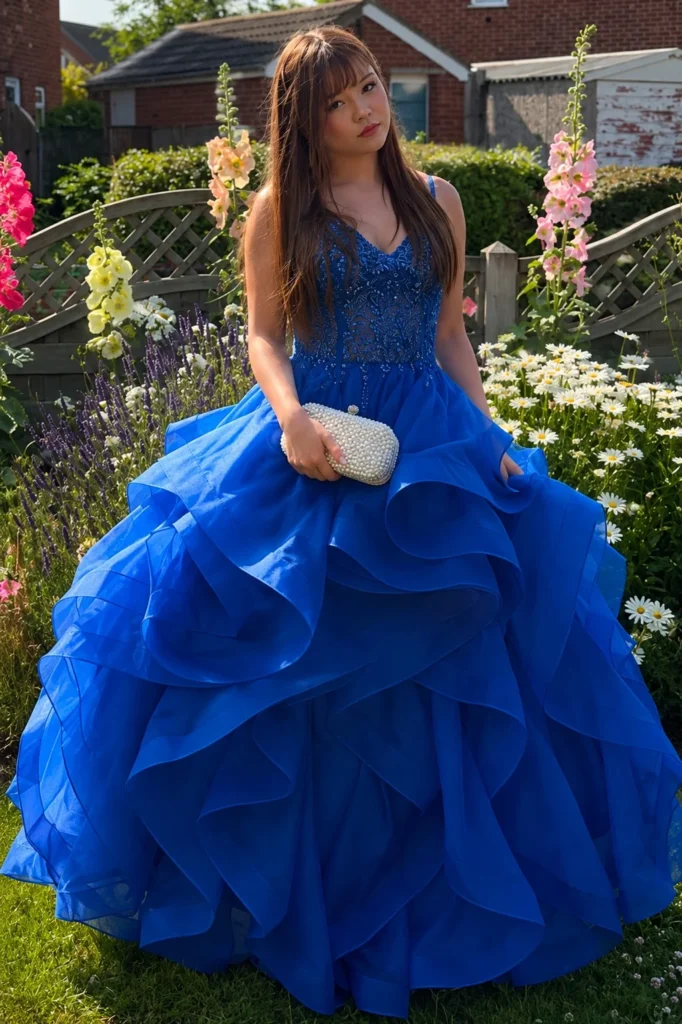 Royal blue lace prom dress outfit with a pearl clutch