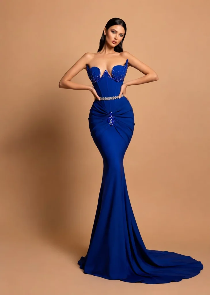 Royal blue mermaid prom dress outfit with a crystal belt