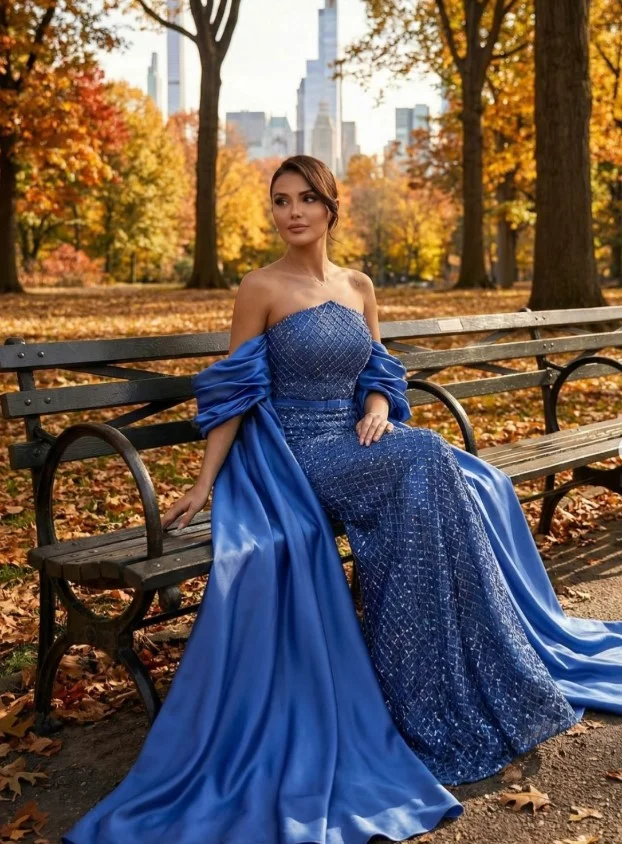 Royal blue strapless prom dress outfit with a satin shawl