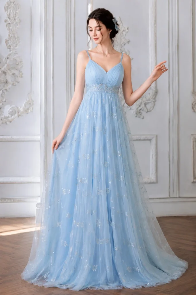Sky blue empire waist prom dress with loose curls and silver heels